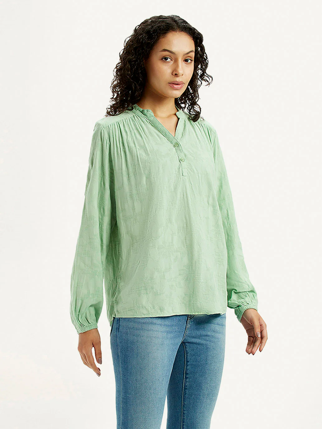 Women's Self Design Light Green Mandarin Collar Top - Image 5