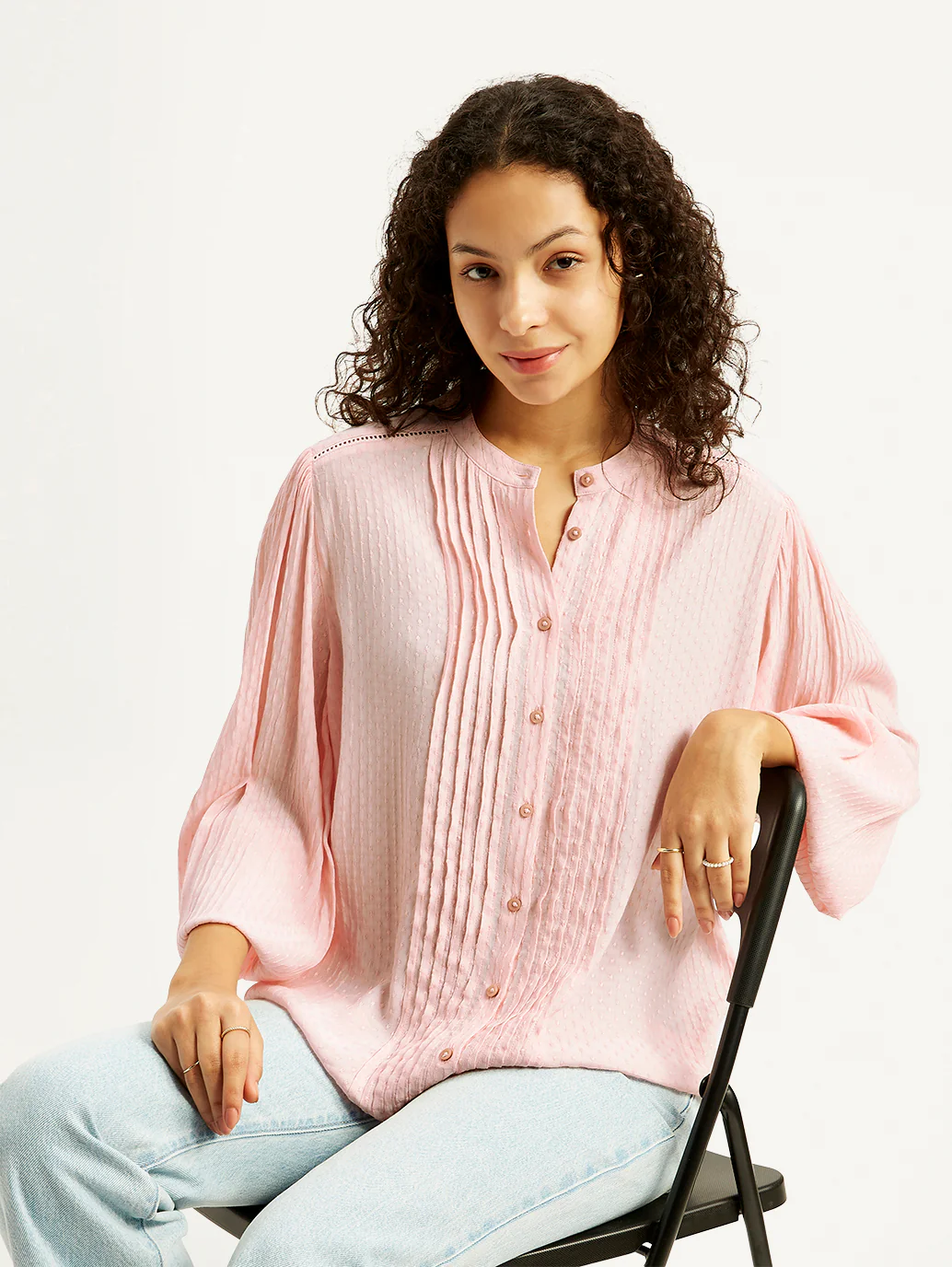 Women's Self Design Light-Pink Band Neck Top - Image 2