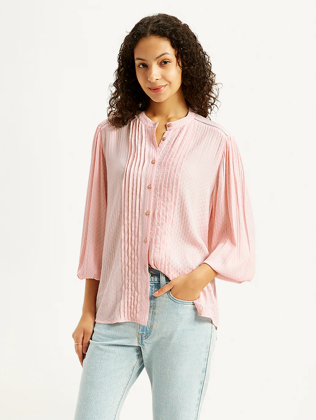 Women's Self Design Light-Pink Band Neck Top - Image 3