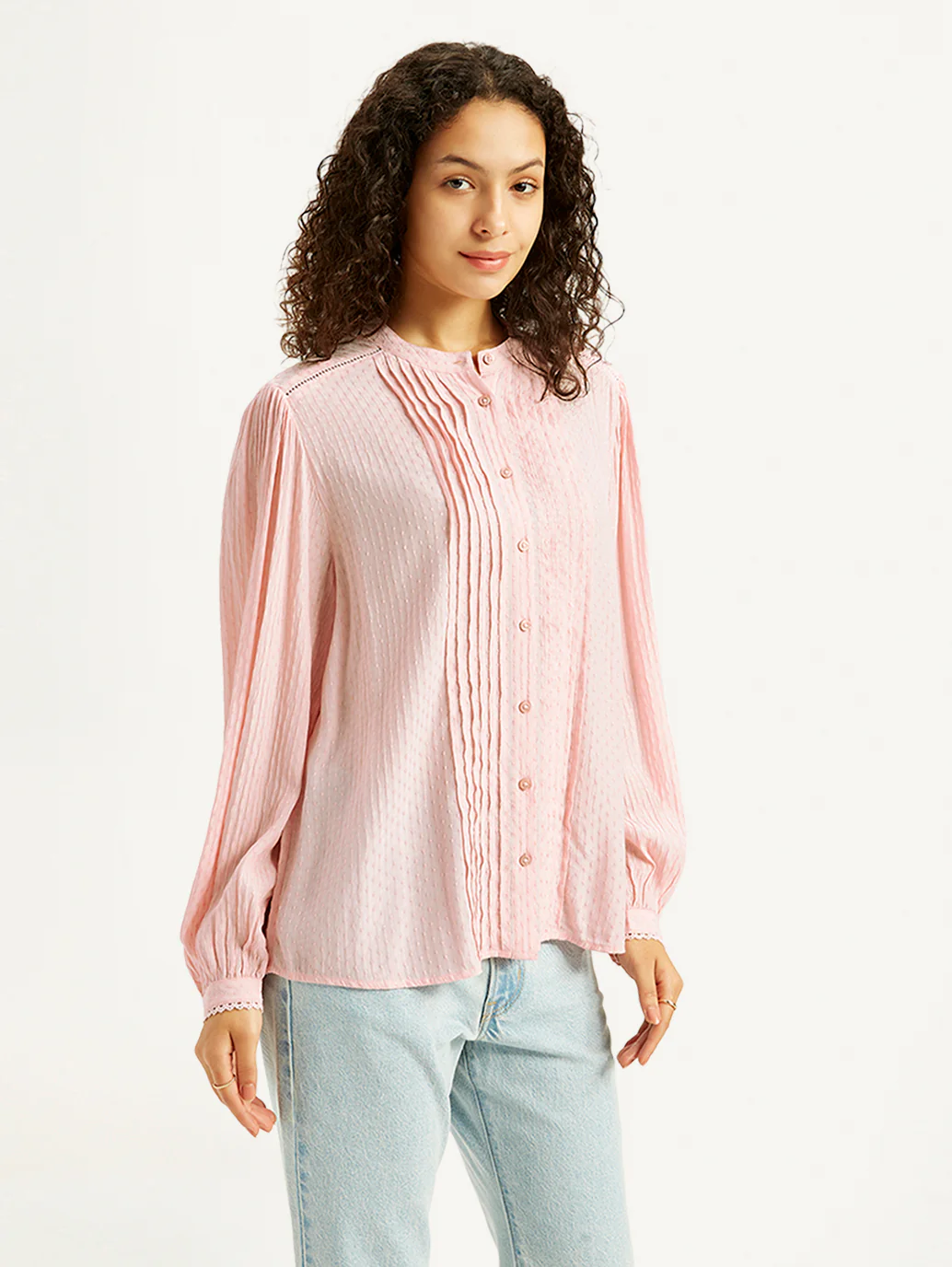 Women's Self Design Light-Pink Band Neck Top - Image 4