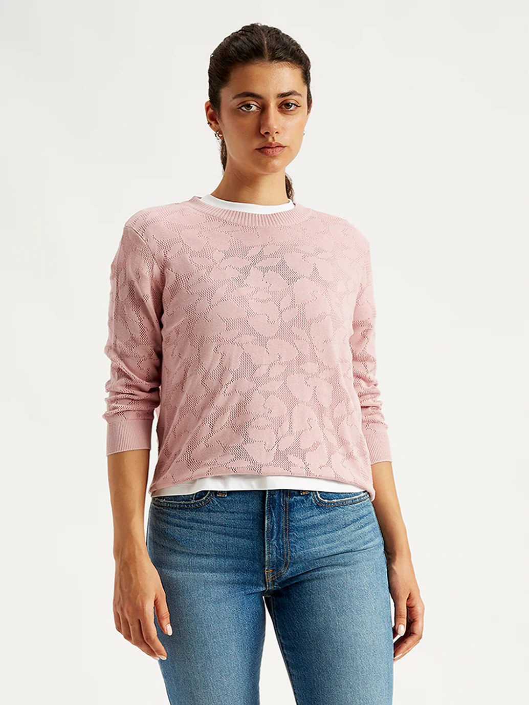 Women's Self Design Light Pink Crew Neck Sweater