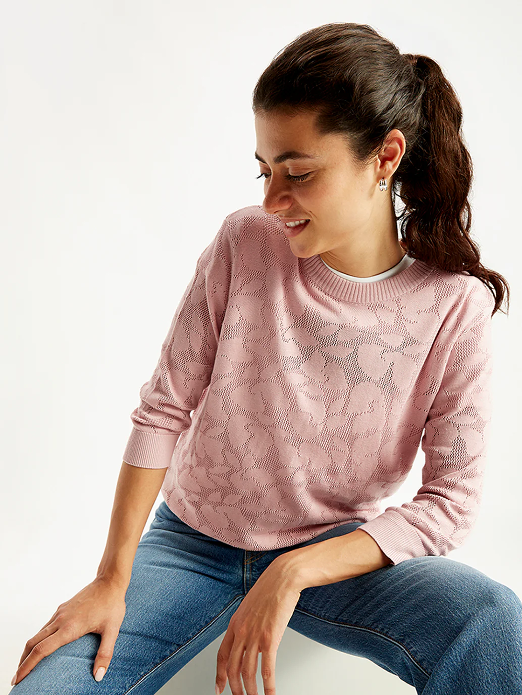 Women's Self Design Light Pink Crew Neck Sweater - Image 2