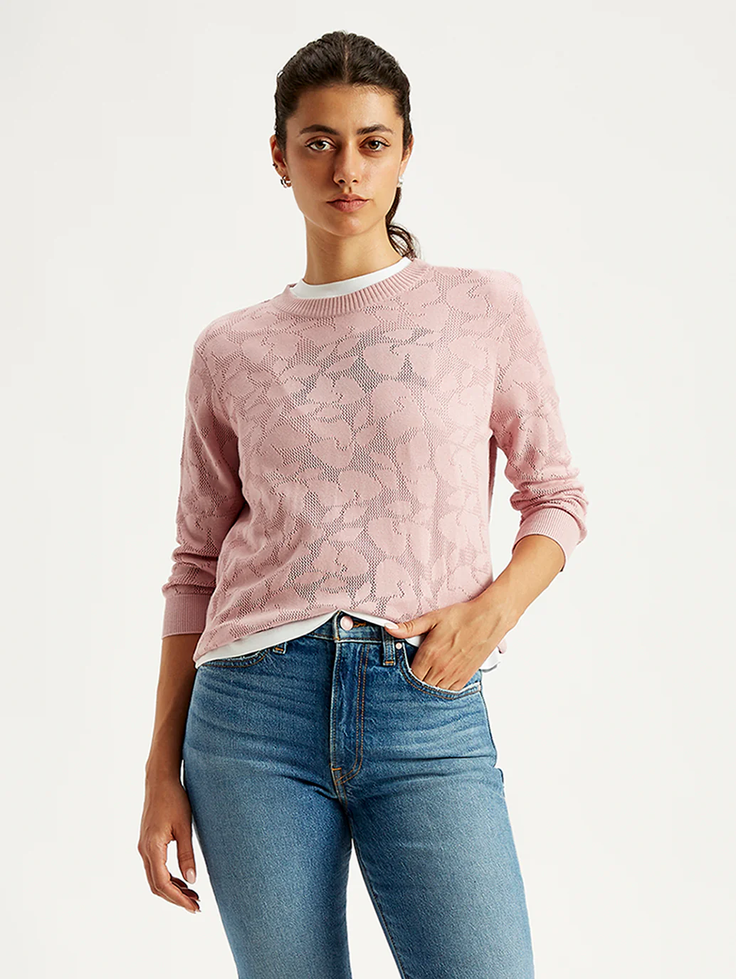 Women's Self Design Light Pink Crew Neck Sweater - Image 3