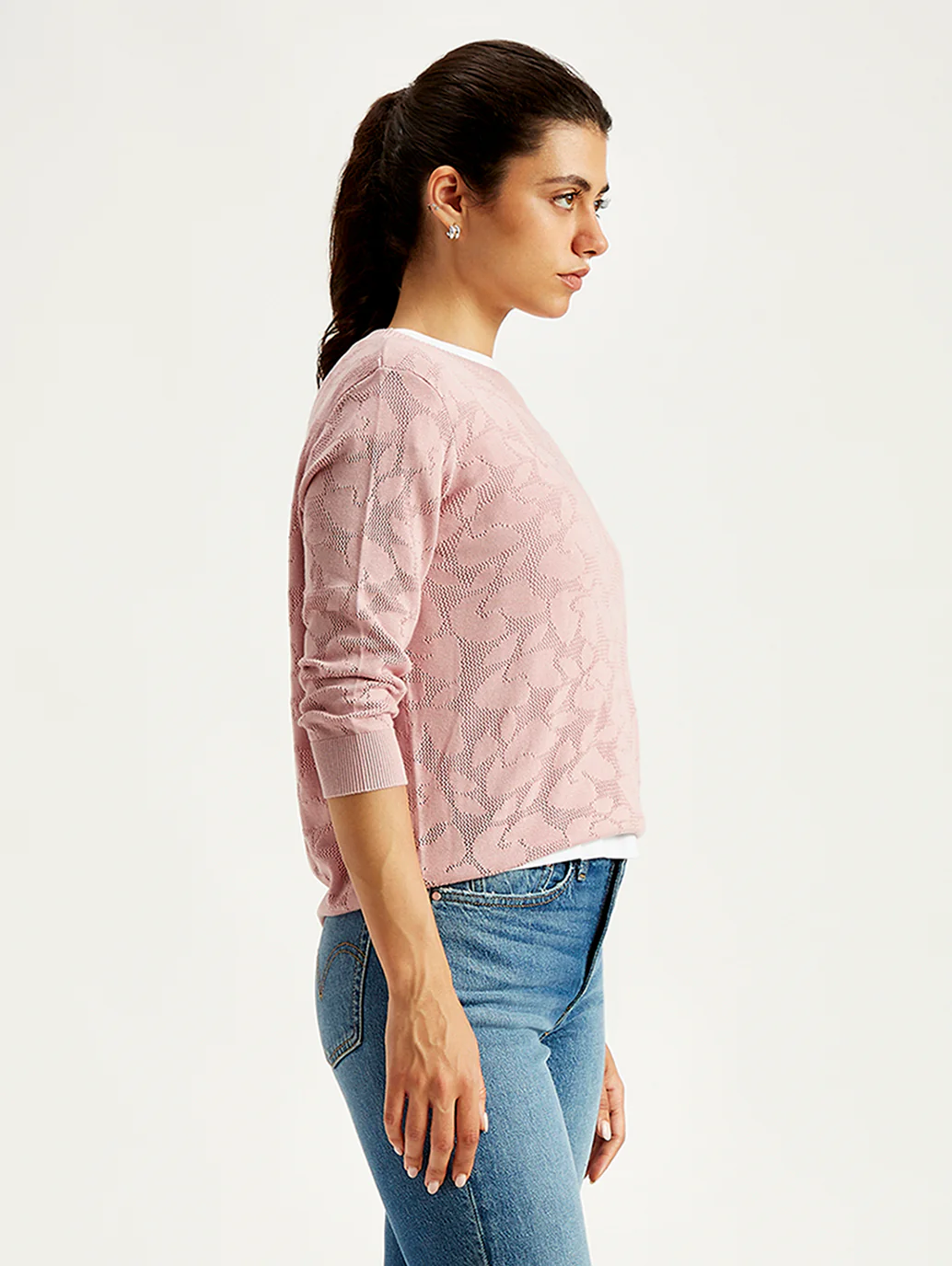 Women's Self Design Light Pink Crew Neck Sweater - Image 4