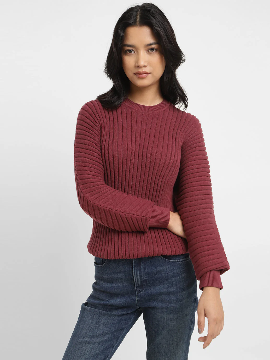 Women's Self Design Maroon Crew Neck Sweater - Image 2
