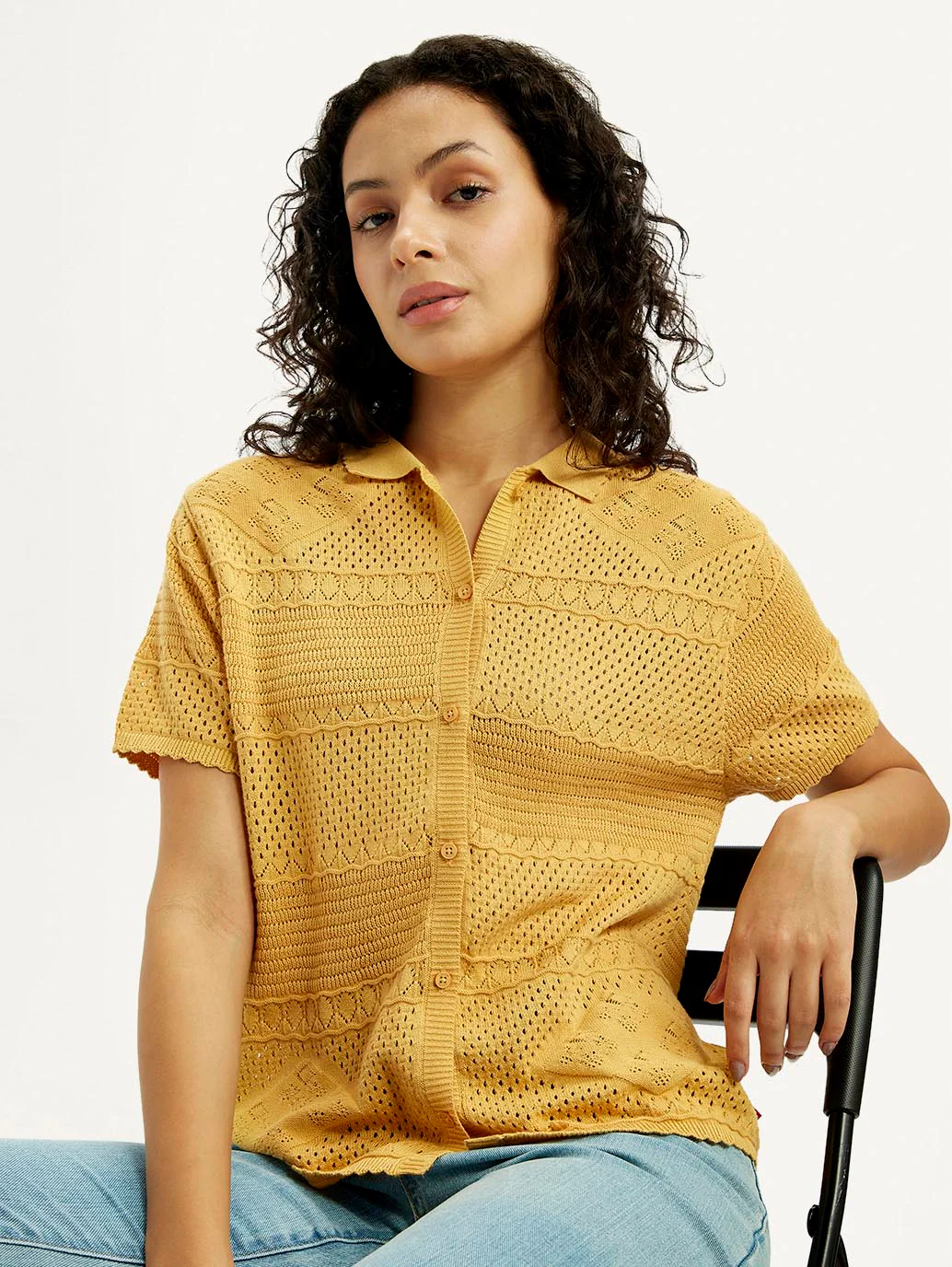 Women's Self Design Yellow Spread Collar Shirt