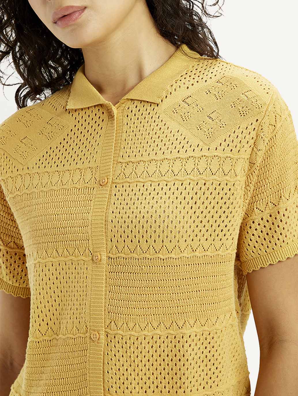 Women's Self Design Yellow Spread Collar Shirt - Image 4