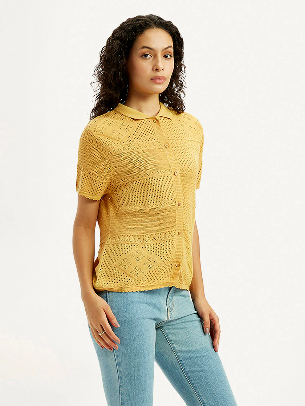 Women's Self Design Yellow Spread Collar Shirt - Image 5