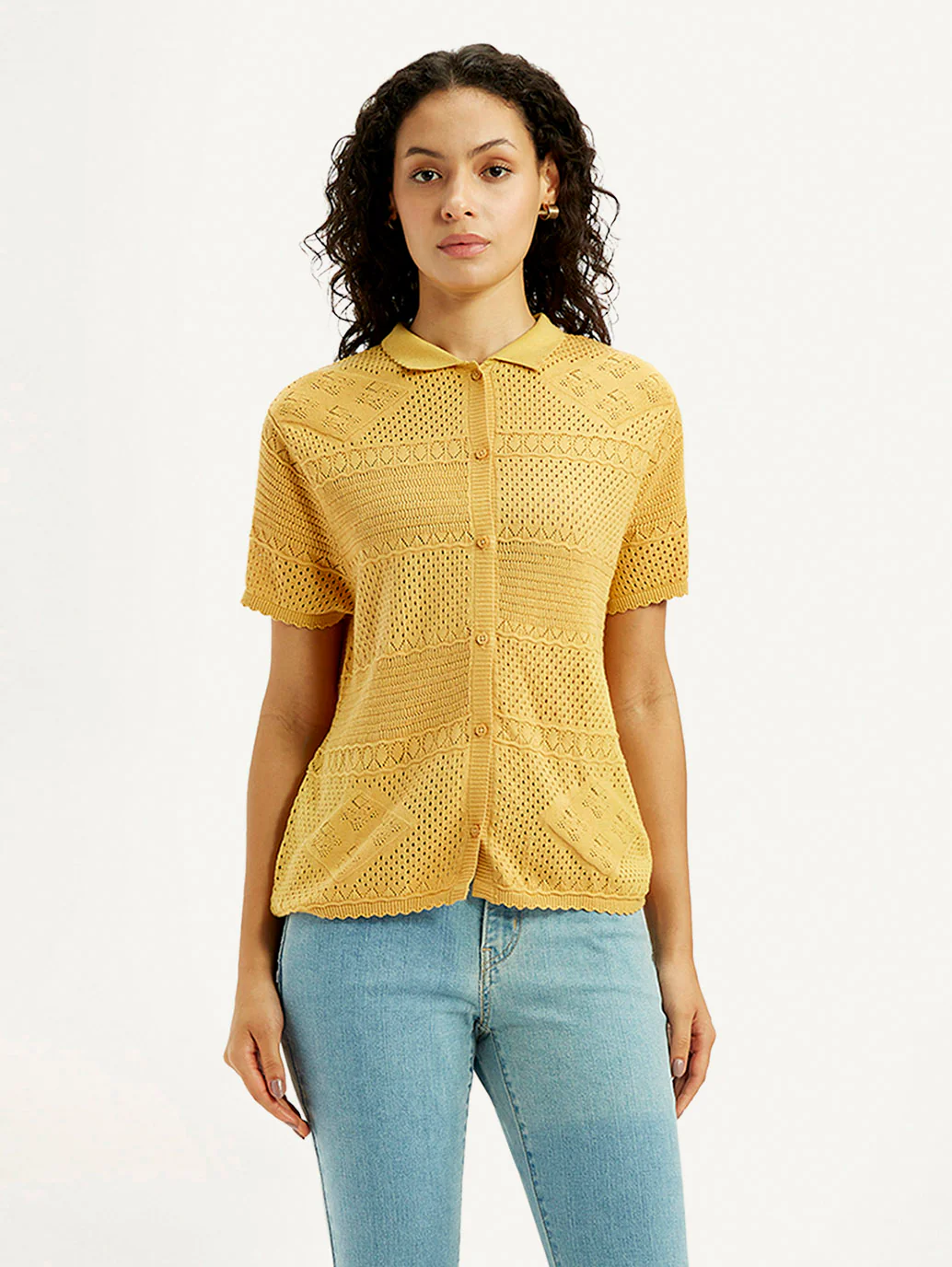 Women's Self Design Yellow Spread Collar Shirt - Image 6