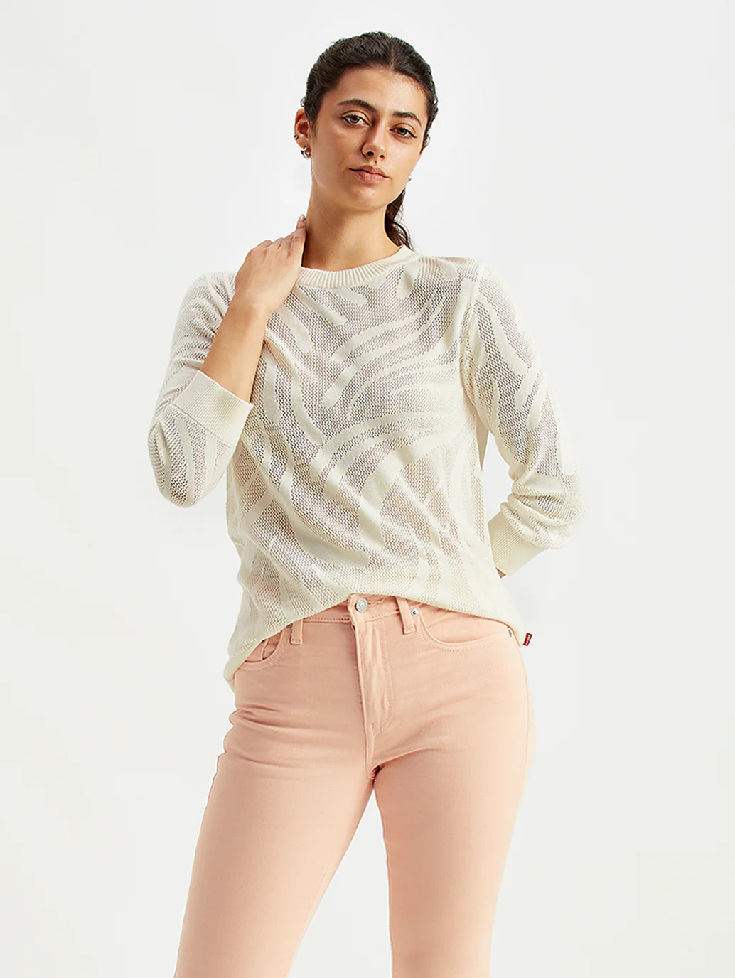 Women's Self Design Off-White Crew Neck Sweater - Image 3