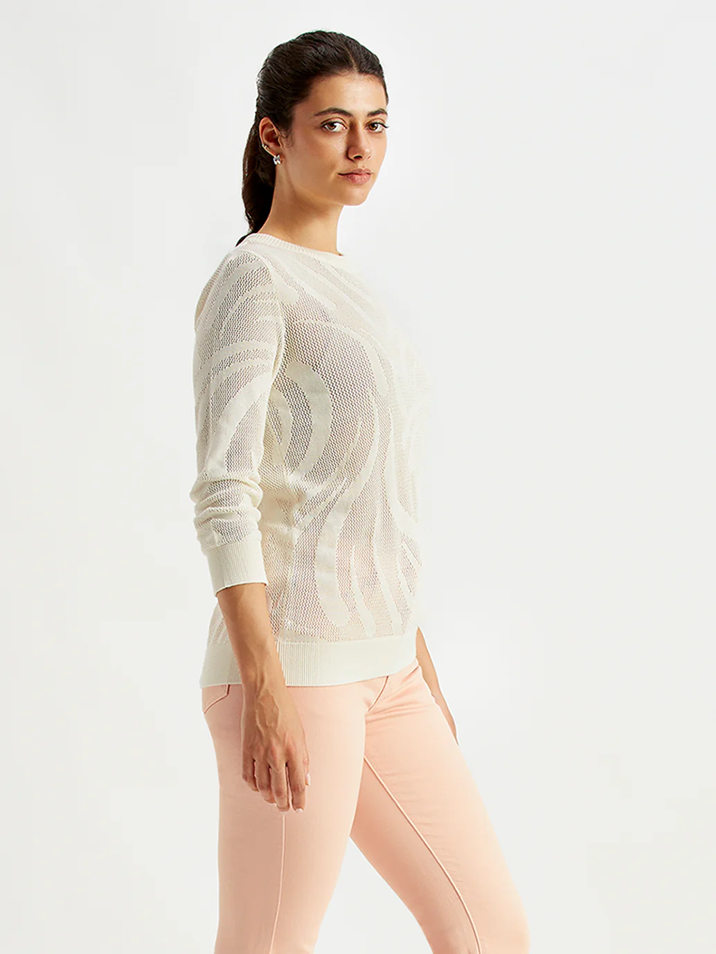 Women's Self Design Off-White Crew Neck Sweater - Image 4