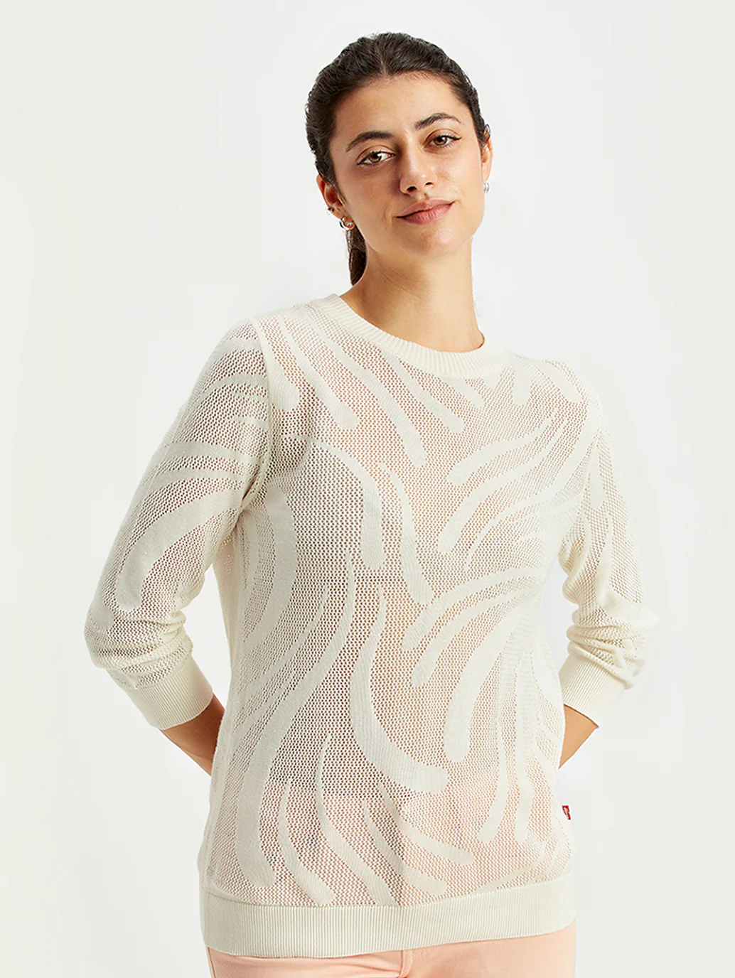 Women's Self Design Off-White Crew Neck Sweater - Image 6