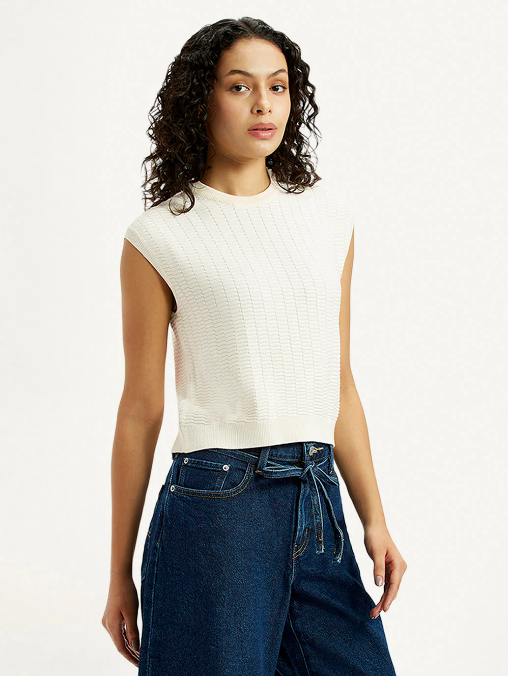 Women's Self Design Off White Crew Neck Top - Image 4