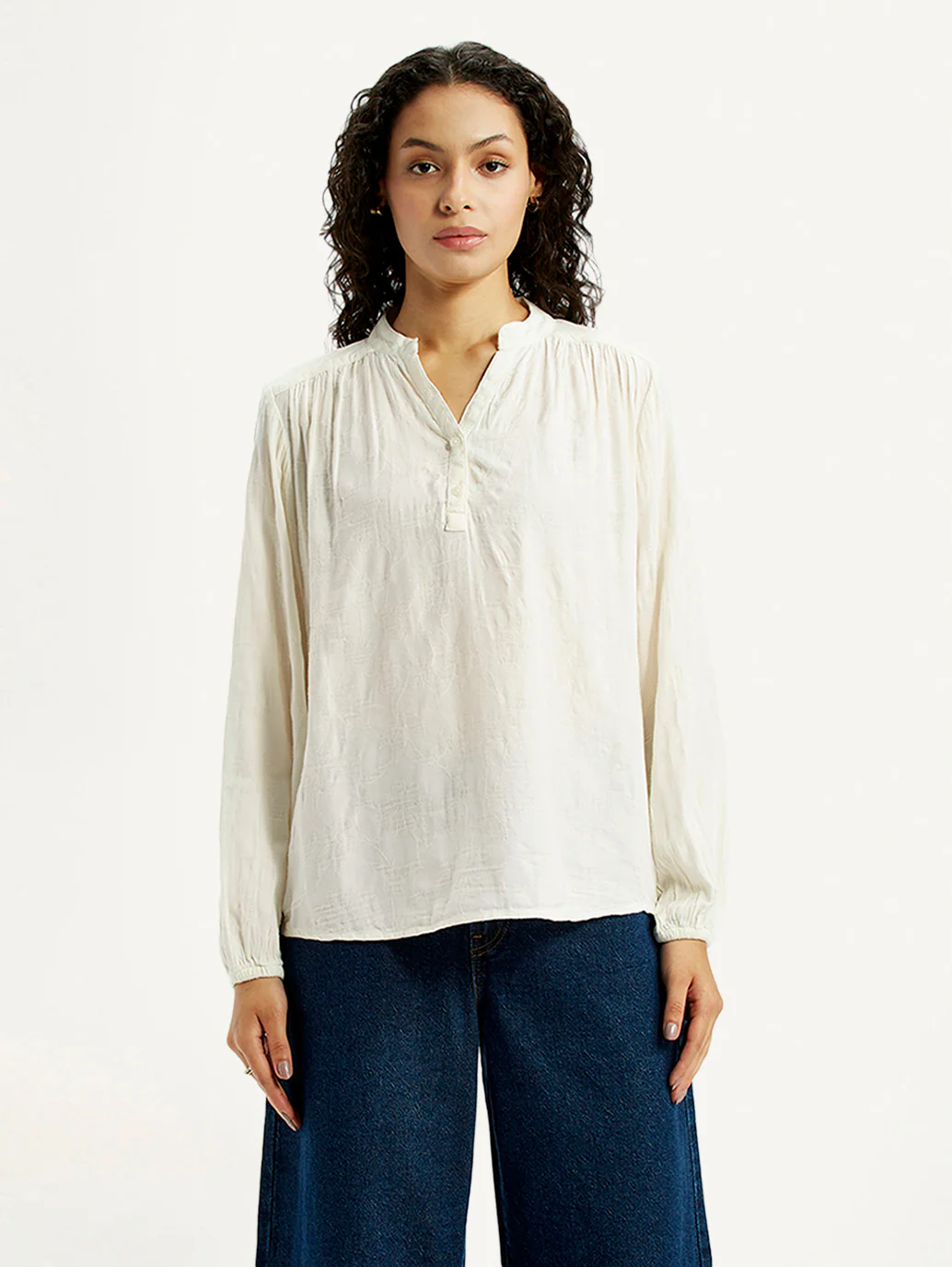 Women's Self Design Off White Mandarin Collar Top