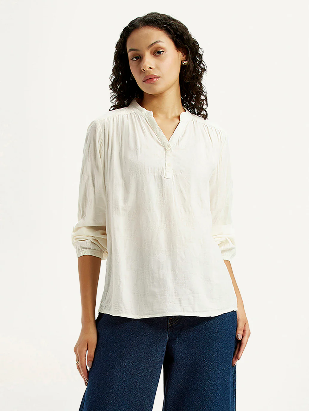 Women's Self Design Off White Mandarin Collar Top - Image 5