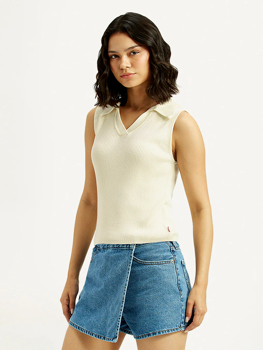 Women's Self Design Off White Polo Collar Top - Image 4
