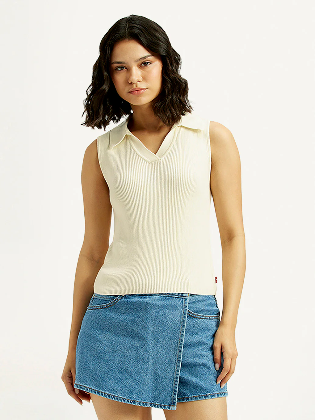 Women's Self Design Off White Polo Collar Top - Image 5