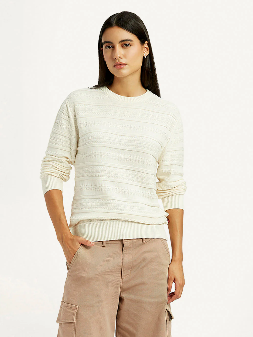 Women's Self Design Off White Round Neck Sweater