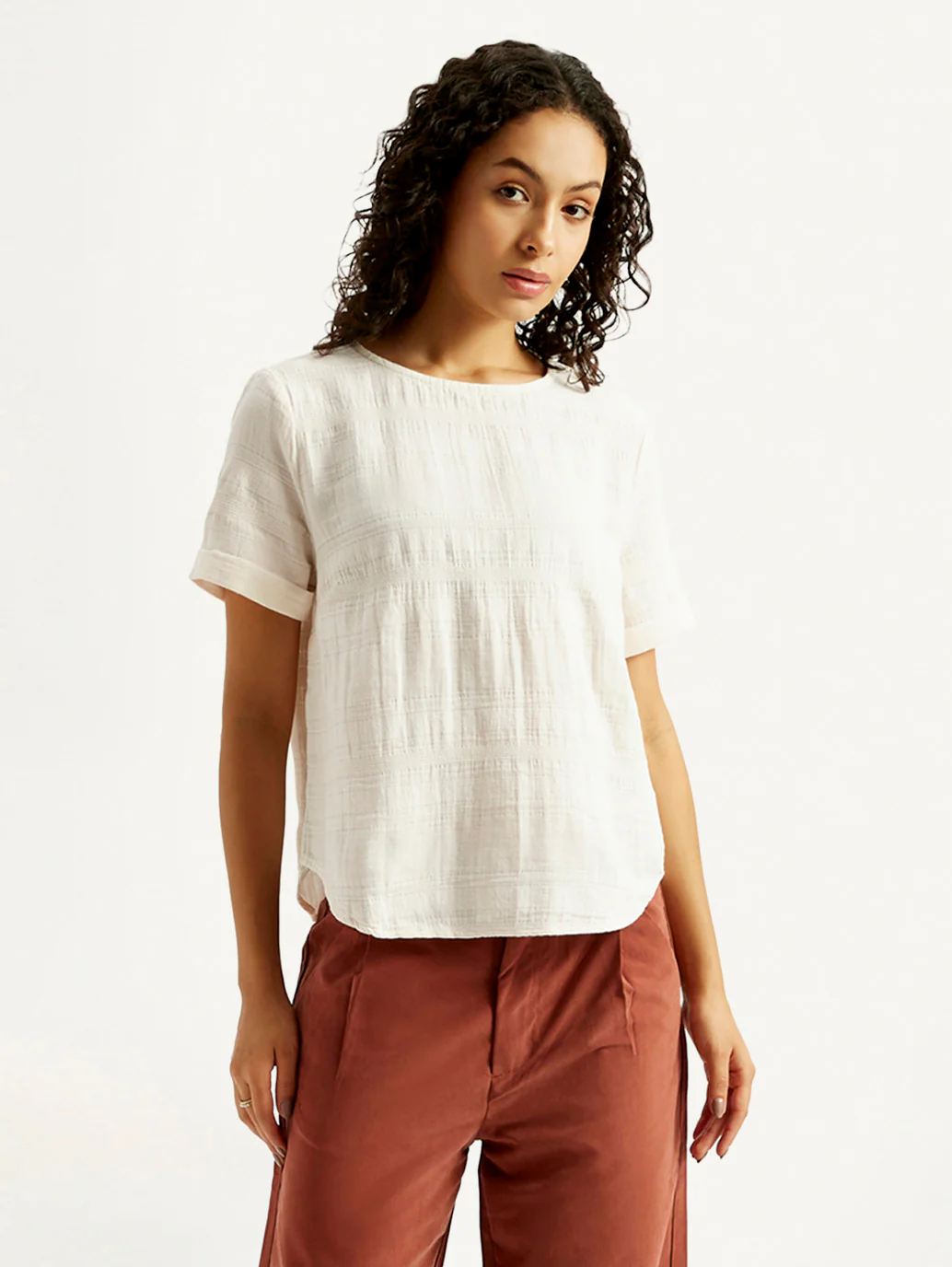 Women's Self Design Off White Round Neck Top