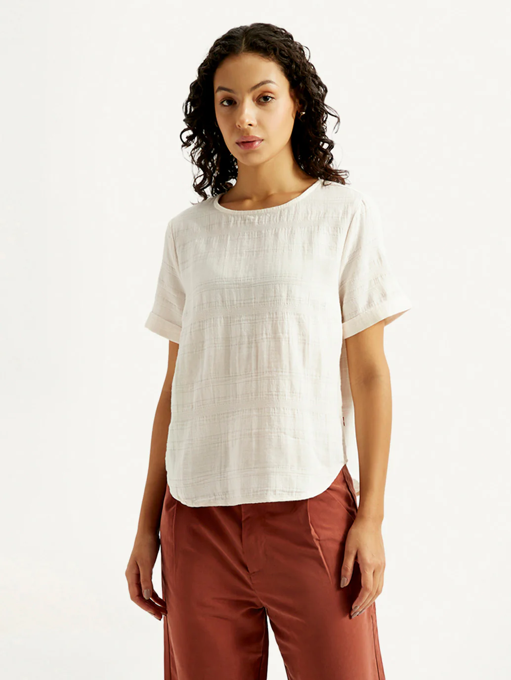 Women's Self Design Off White Round Neck Top - Image 4