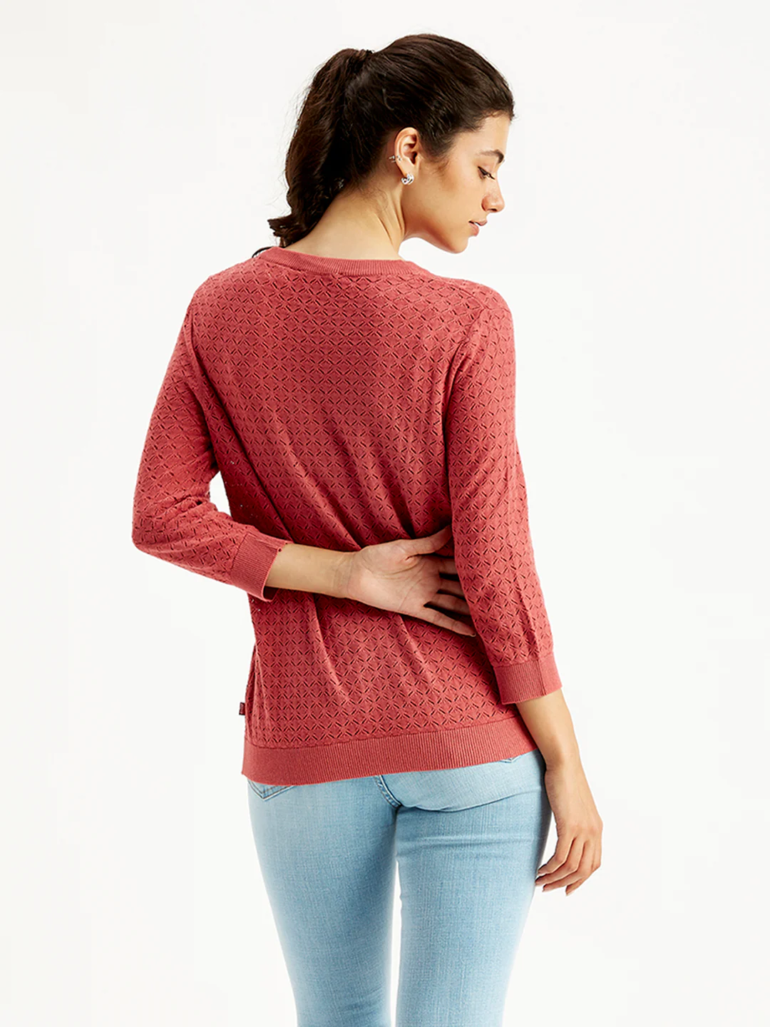 Women's Self Design Red Crew Neck Sweater - Image 3