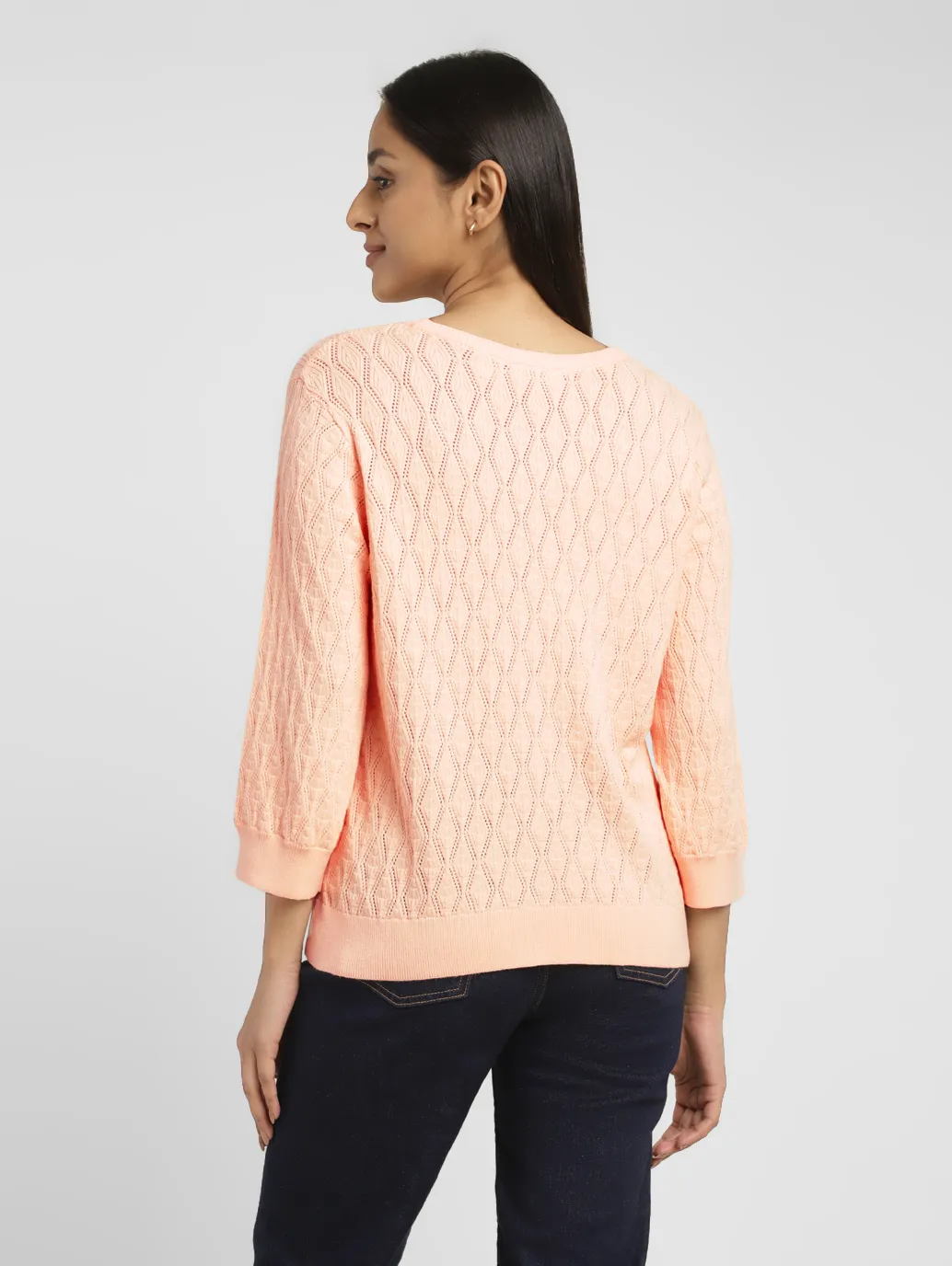 Women's Self Design Peach Crew Neck Sweater - Image 3