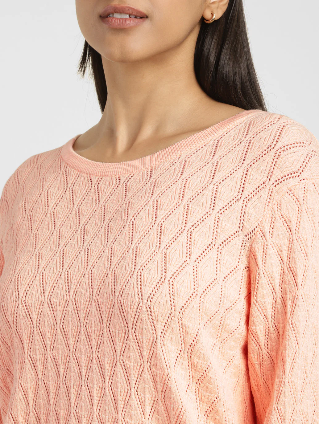 Women's Self Design Peach Crew Neck Sweater - Image 4