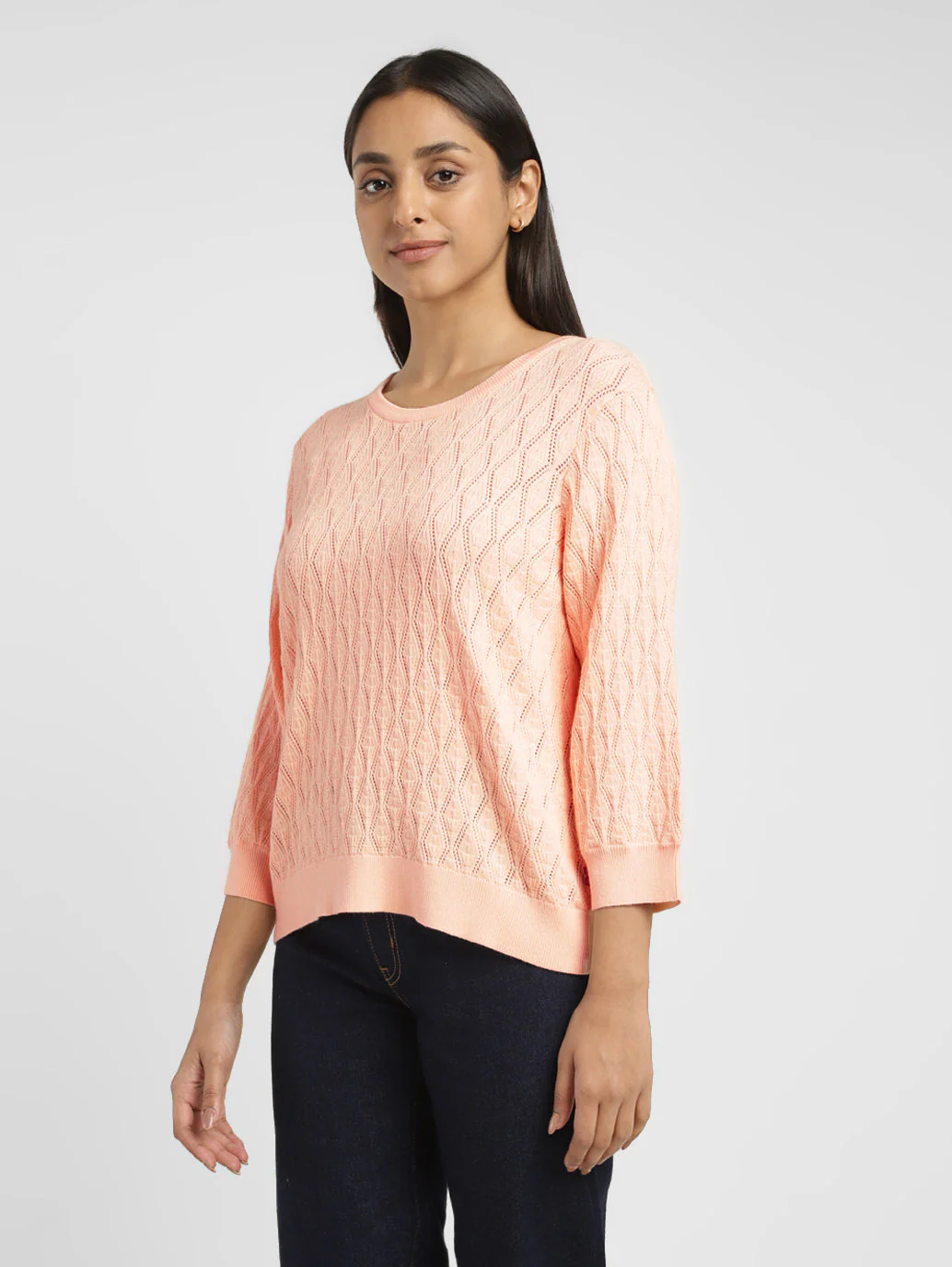 Women's Self Design Peach Crew Neck Sweater - Image 5
