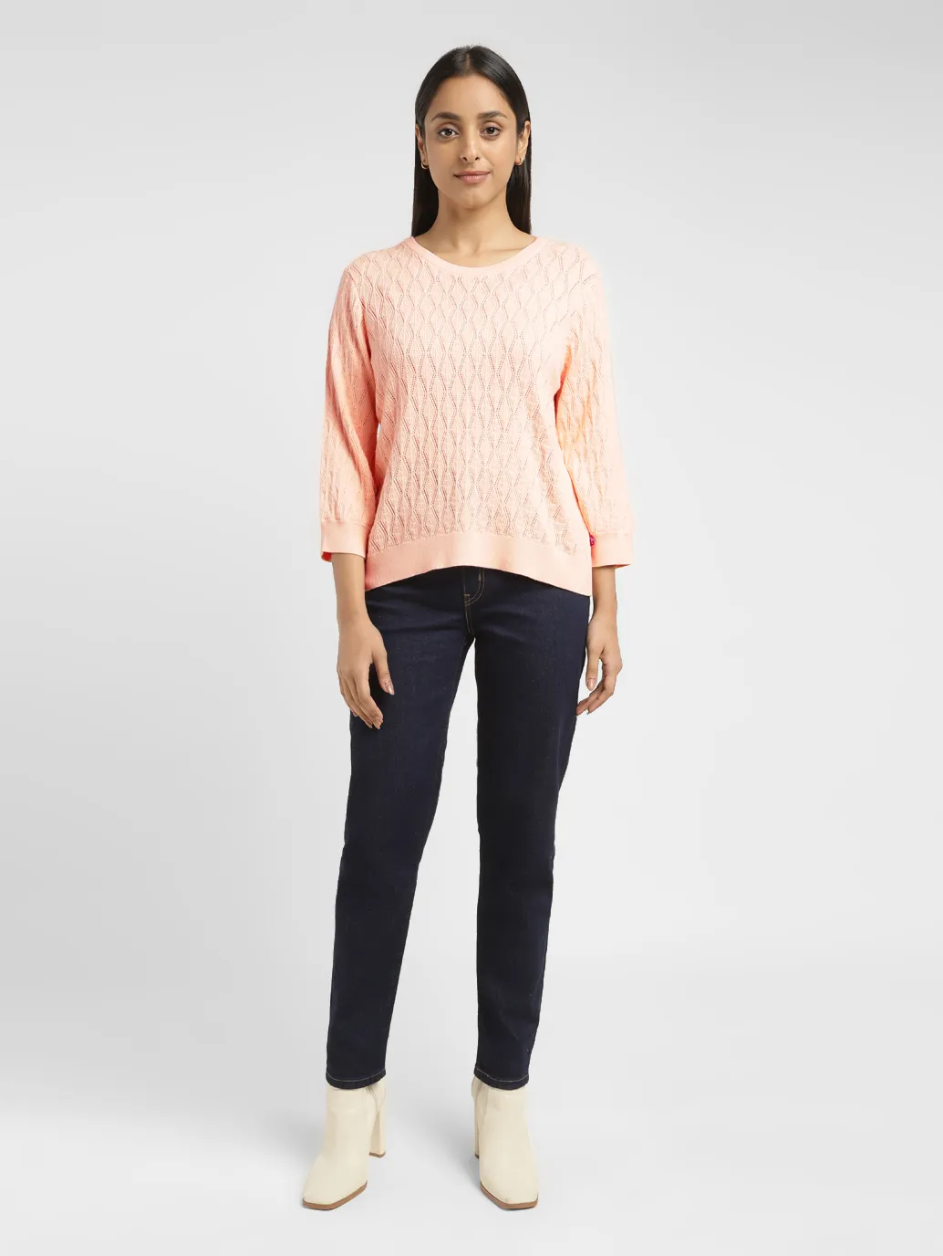 Women's Self Design Peach Crew Neck Sweater - Image 6