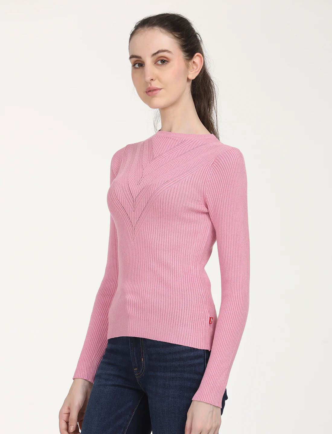 Women's Self Design Pink Round Neck Sweater - Image 2