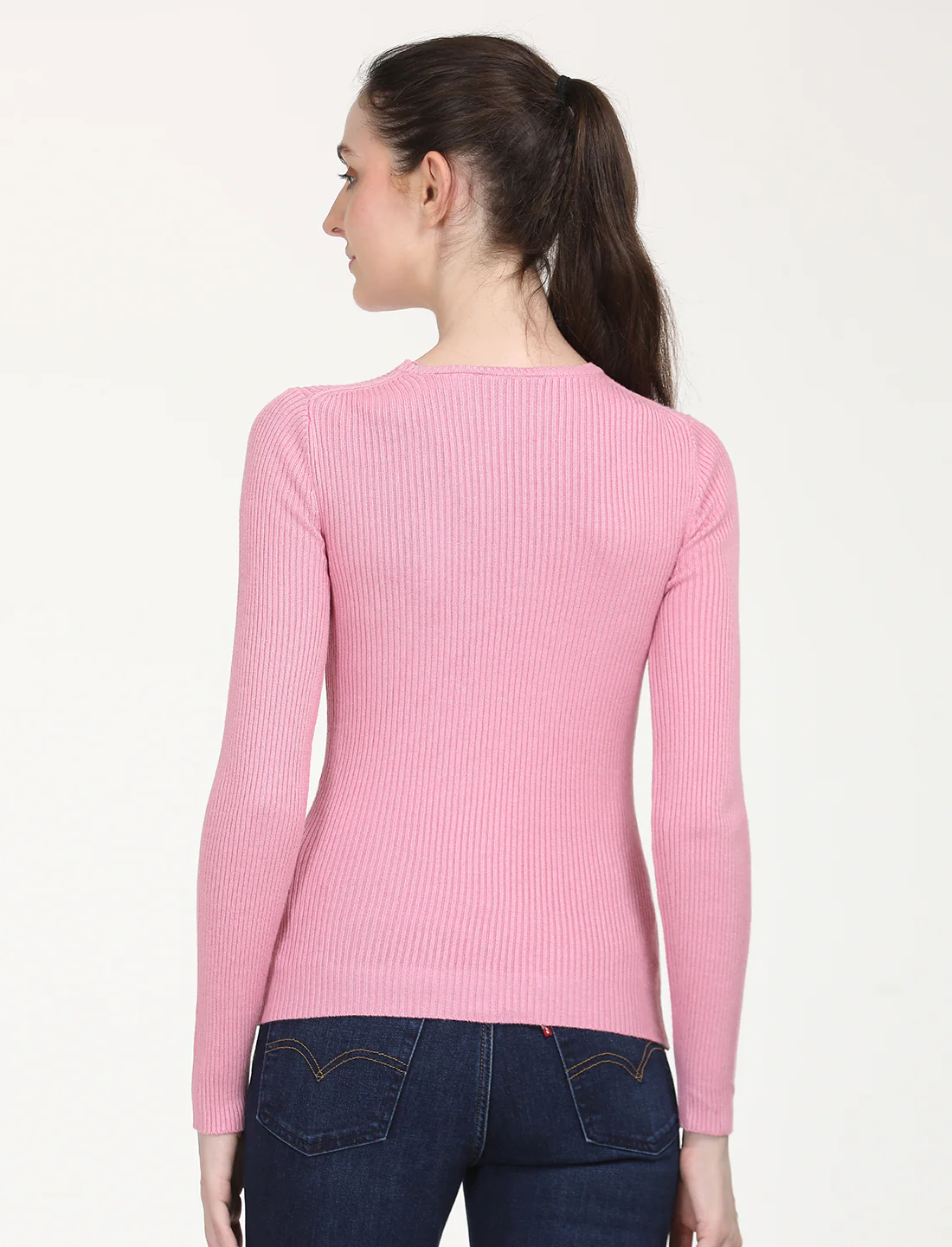 Women's Self Design Pink Round Neck Sweater - Image 3