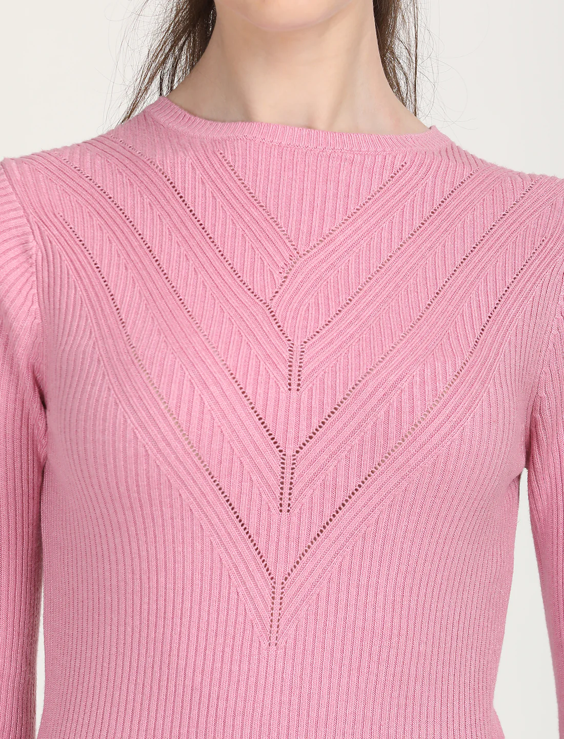 Women's Self Design Pink Round Neck Sweater - Image 4