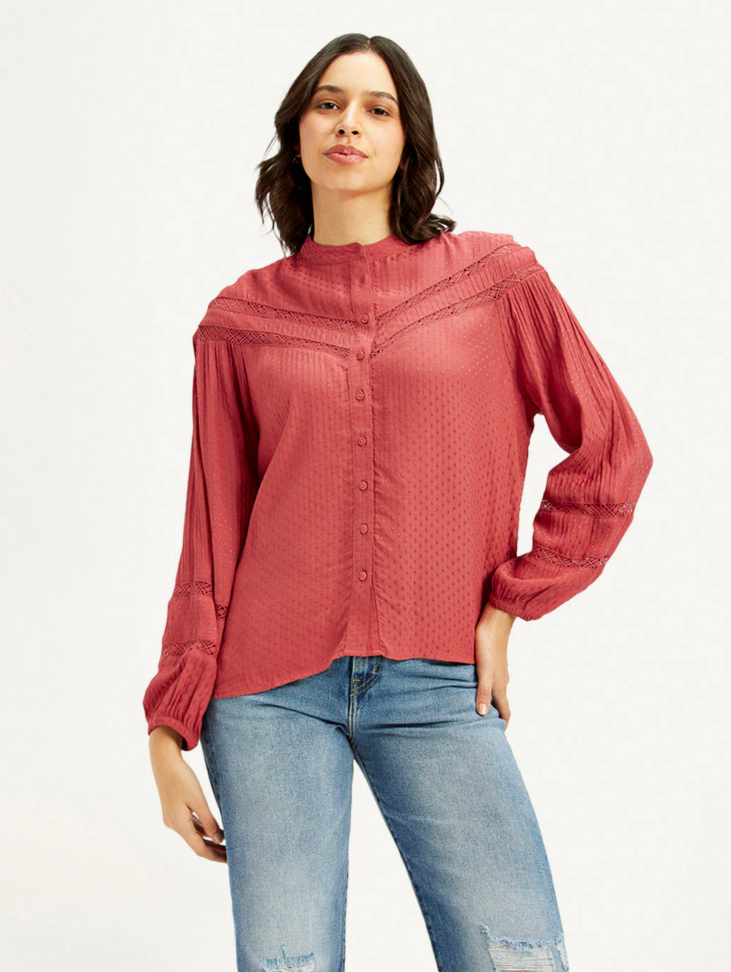 Women's Self Design Red Mandarin Collar Top - Image 2