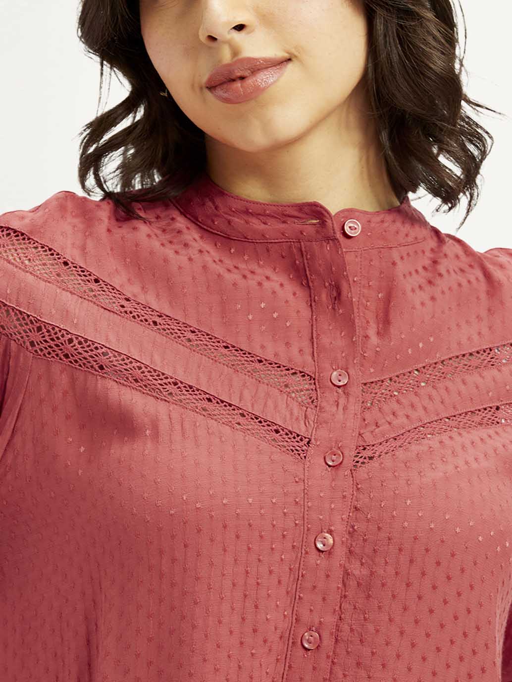 Women's Self Design Red Mandarin Collar Top - Image 4