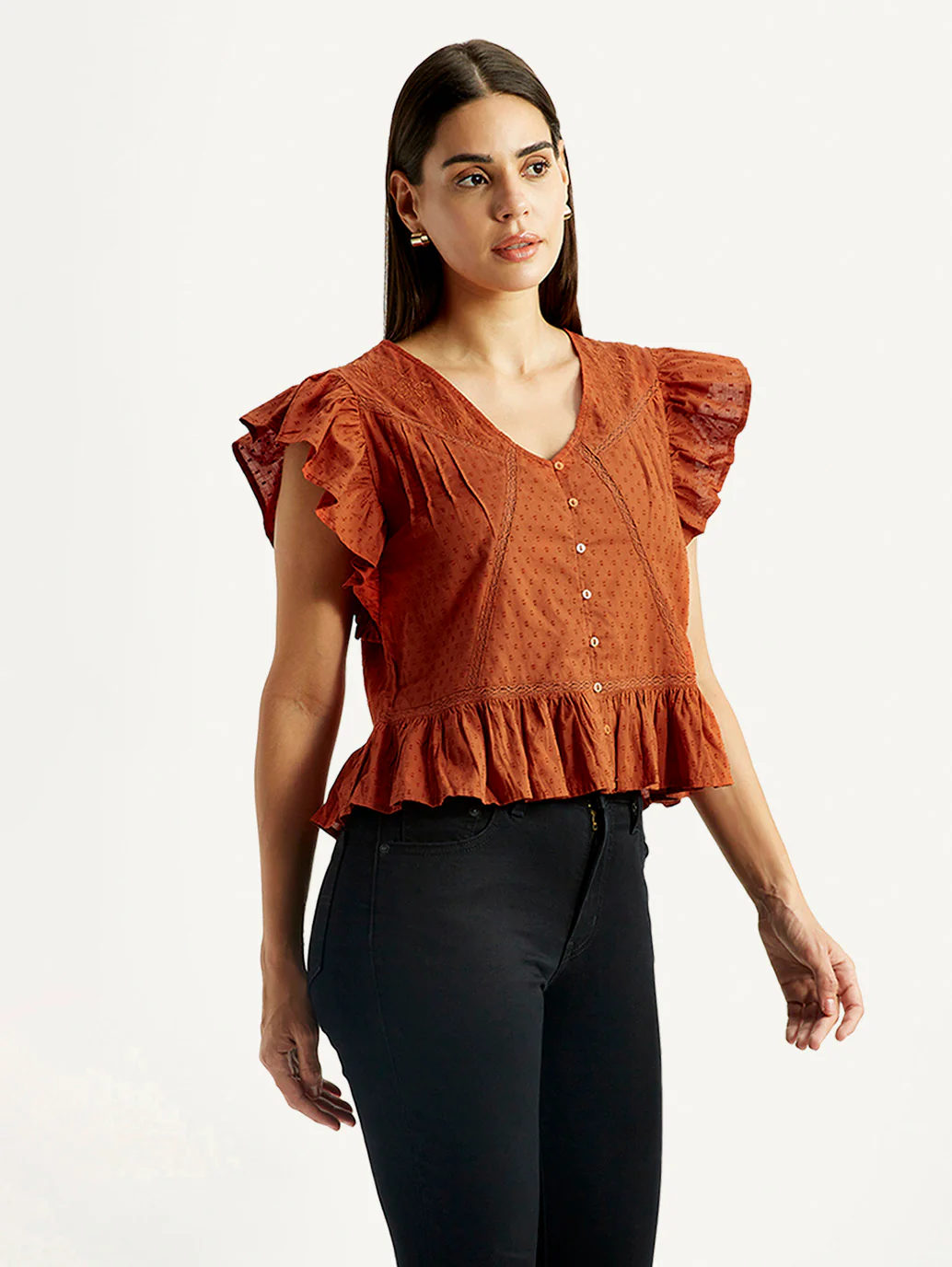 Women's Self Design Rust V-Neck Top - Image 5