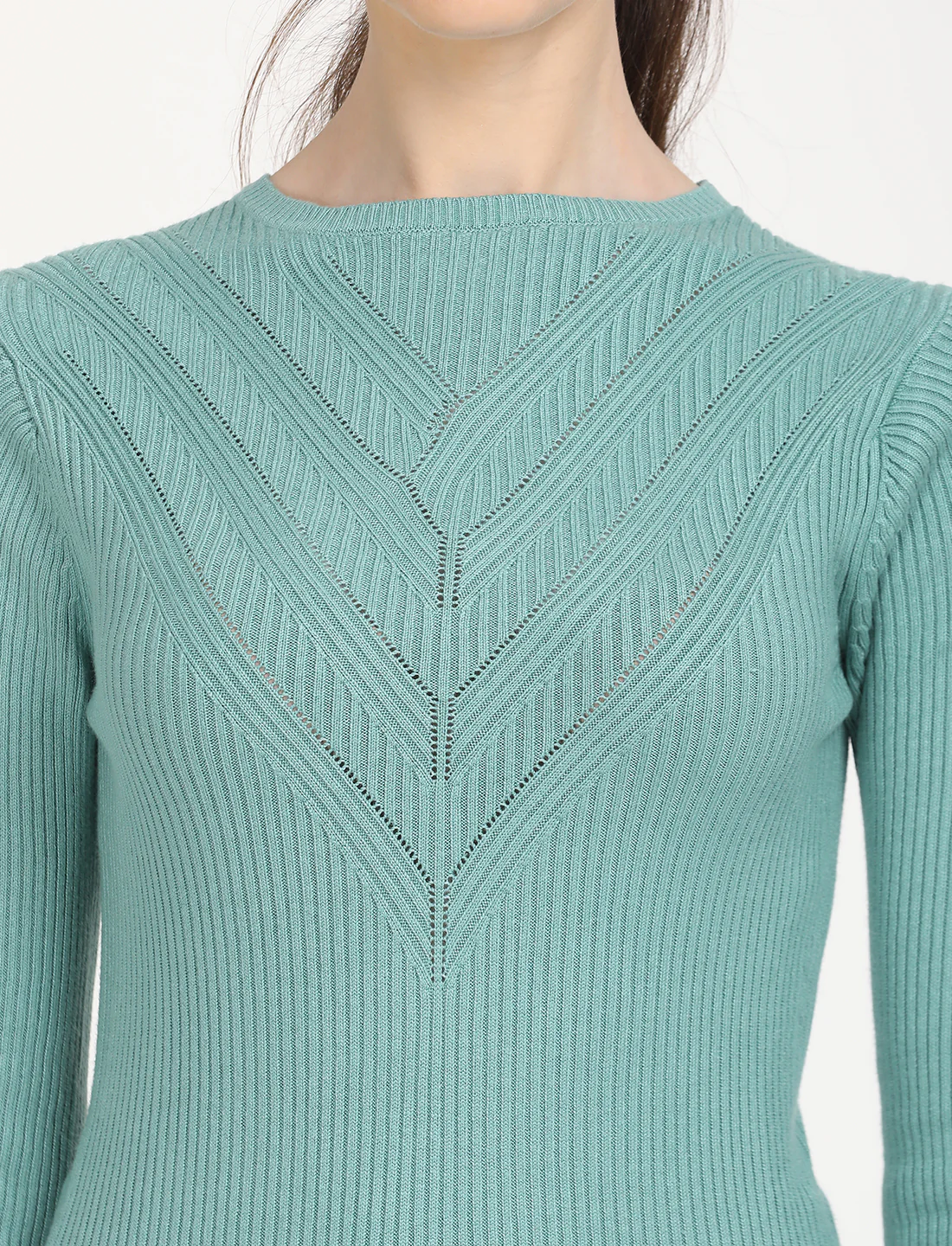 Women's Self Design Turquoise Round Neck Sweater - Image 3