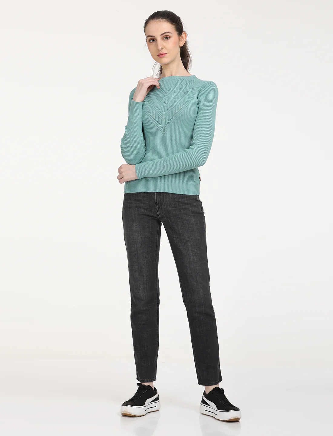 Women's Self Design Turquoise Round Neck Sweater - Image 5
