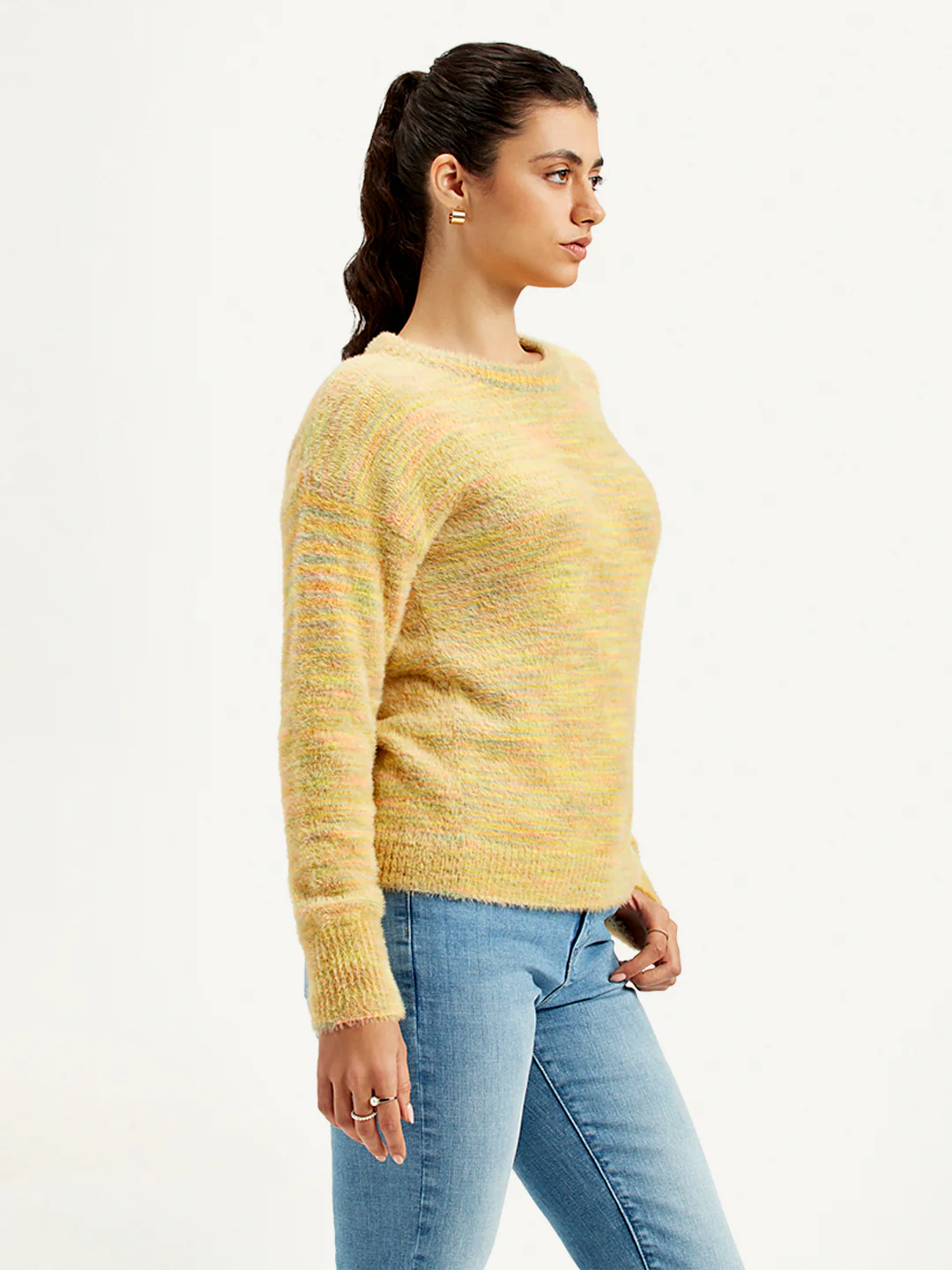 Women's Self Pattern Yellow Crew Neck Sweater - Image 3