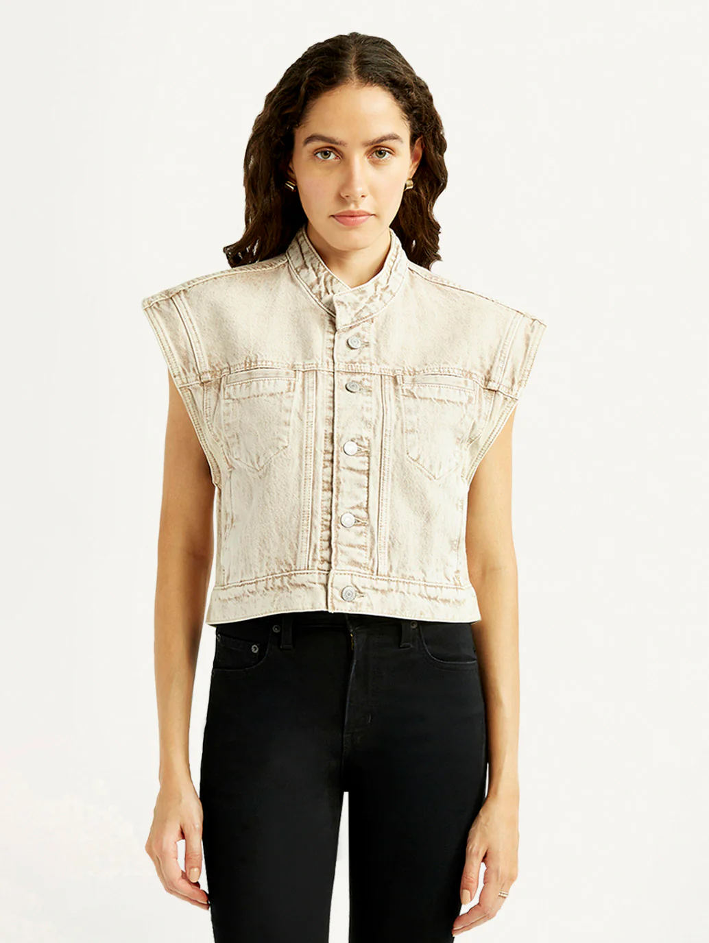 Women's Solid Beige Denim Jacket - Image 2