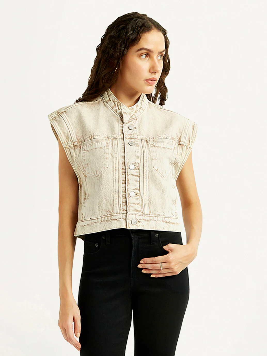 Women's Solid Beige Denim Jacket - Image 6