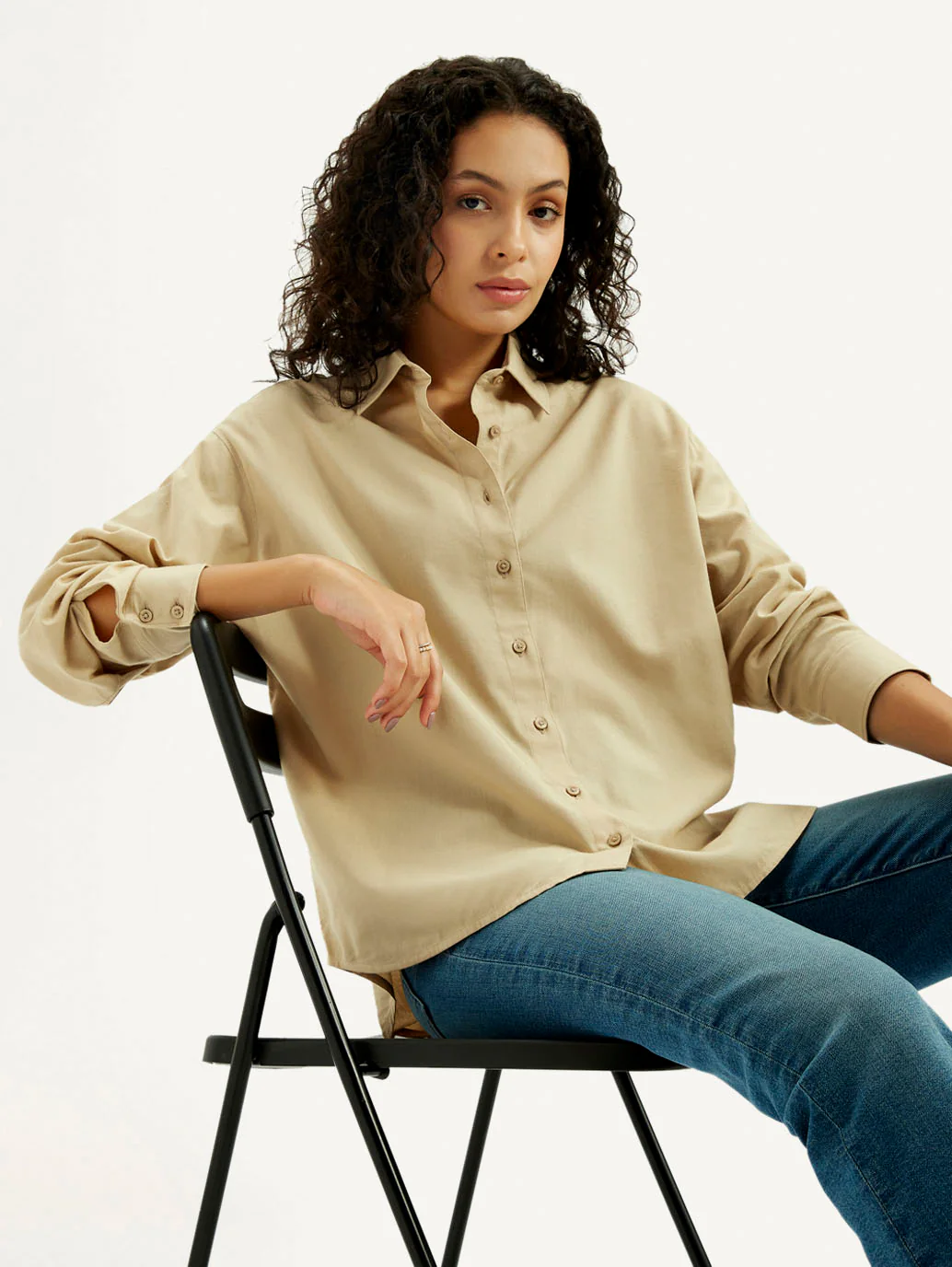 Women's Solid Beige Relaxed Fit Shirt