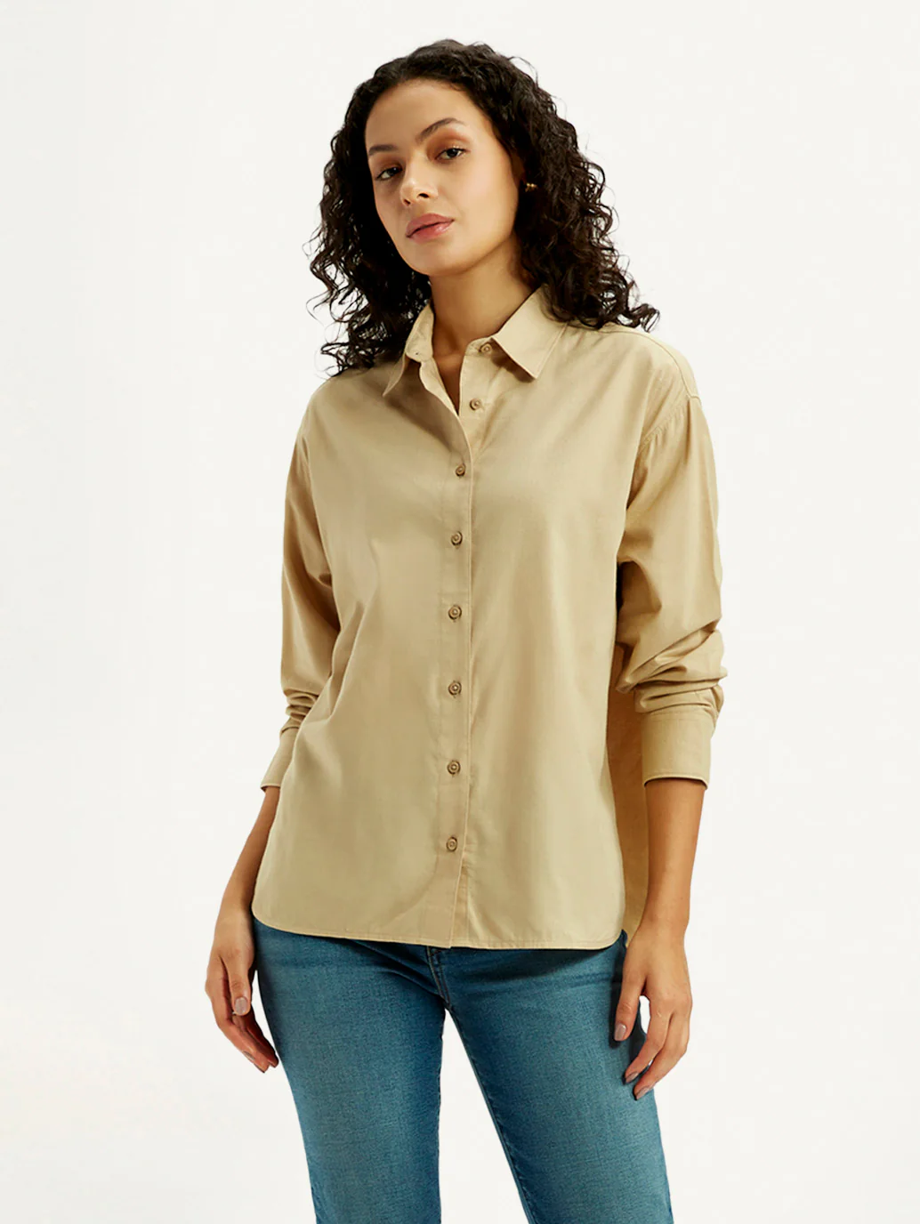 Women's Solid Beige Relaxed Fit Shirt - Image 2