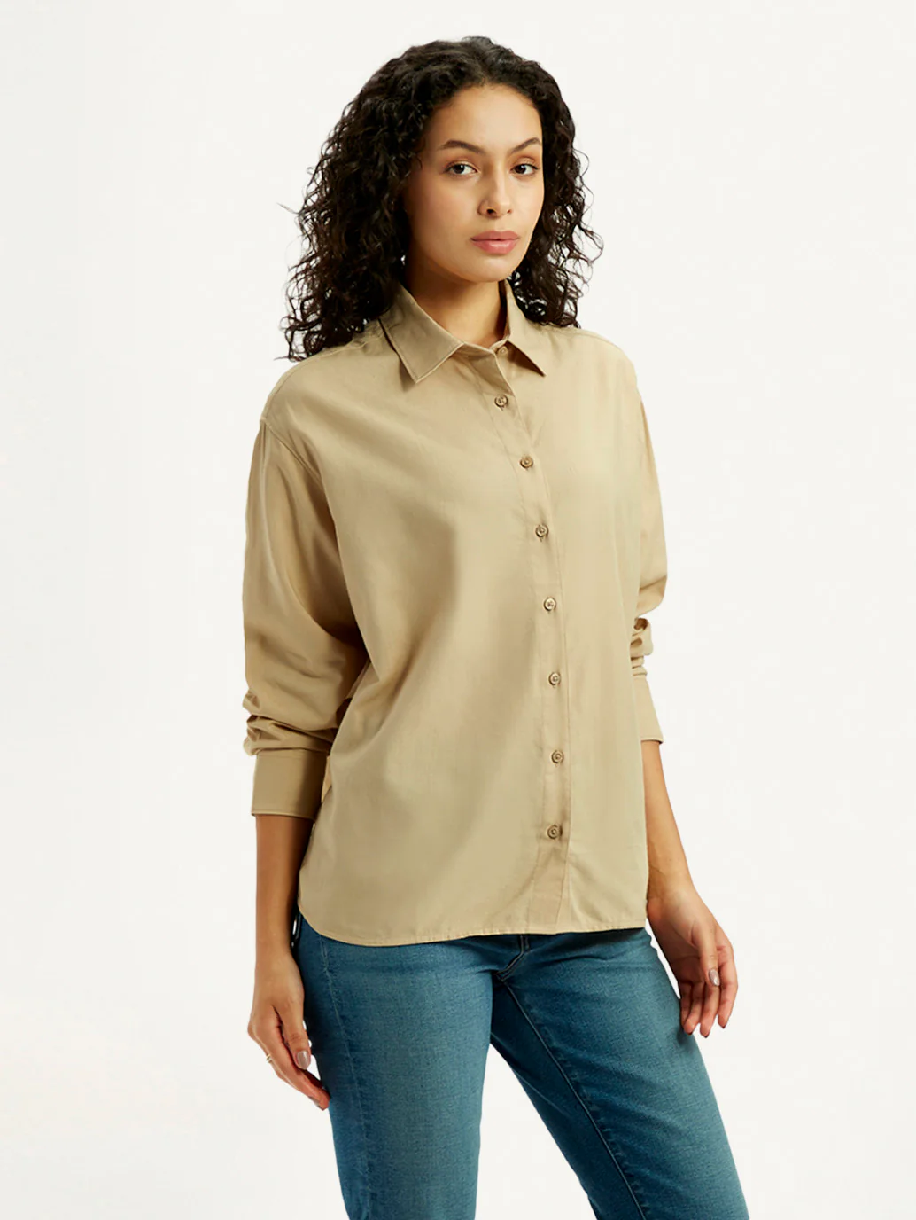 Women's Solid Beige Relaxed Fit Shirt - Image 6