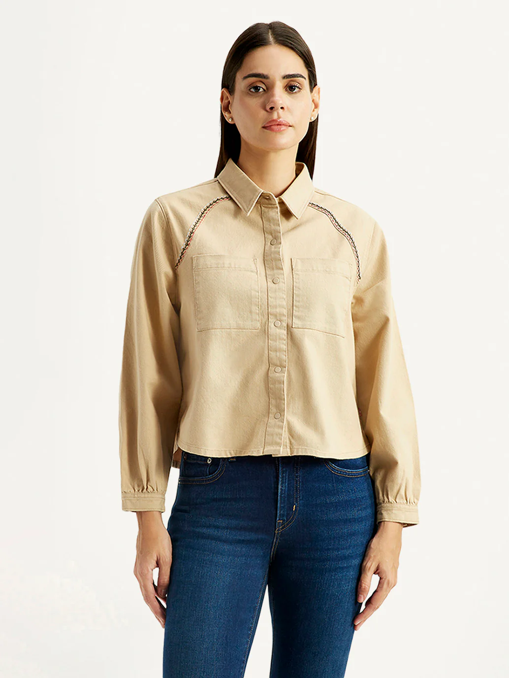 Women's Solid Beige Spread Collar Relaxed Fit Shirt - Image 2