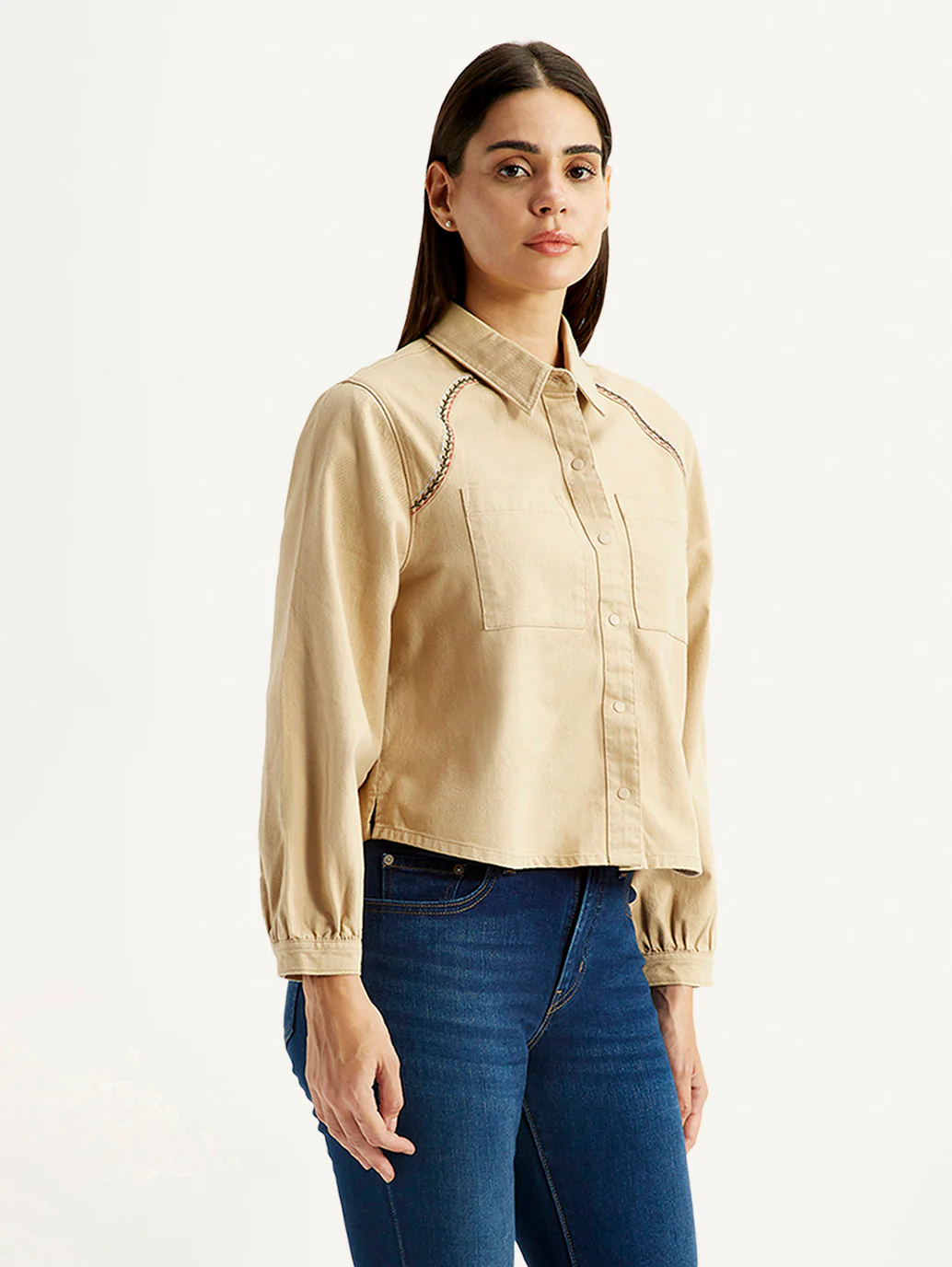 Women's Solid Beige Spread Collar Relaxed Fit Shirt - Image 5