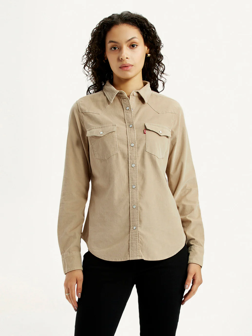 Women's Solid Beige Spread Collar Shirt - Image 2