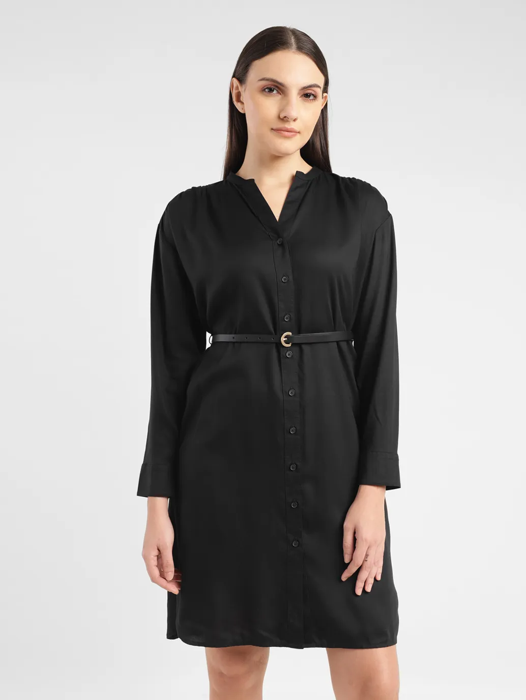 Women's Solid Black Band Neck Dress - Image 2