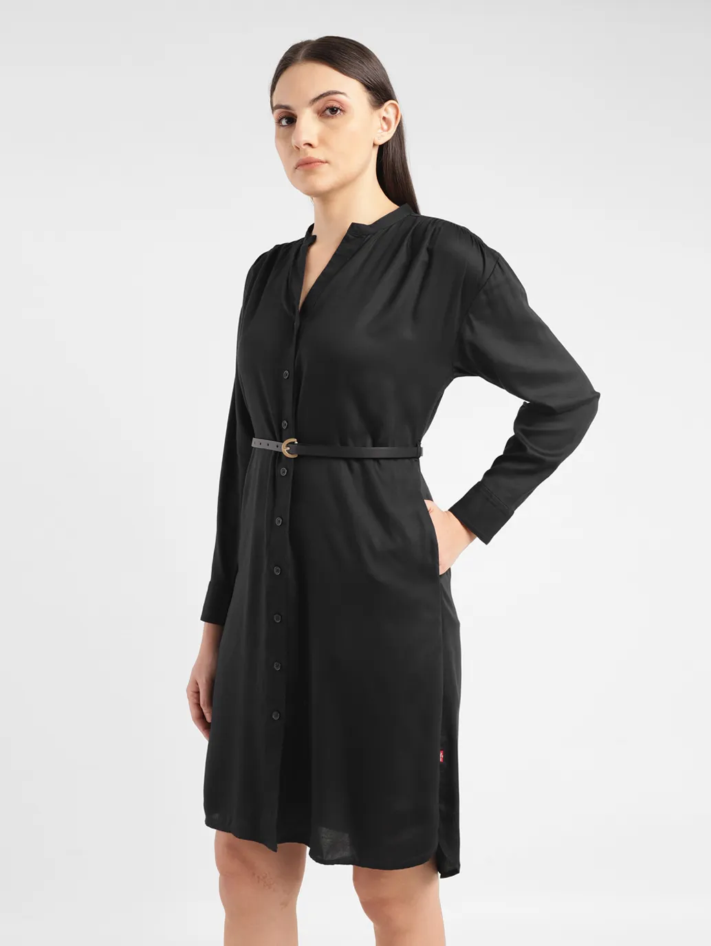 Women's Solid Black Band Neck Dress - Image 4