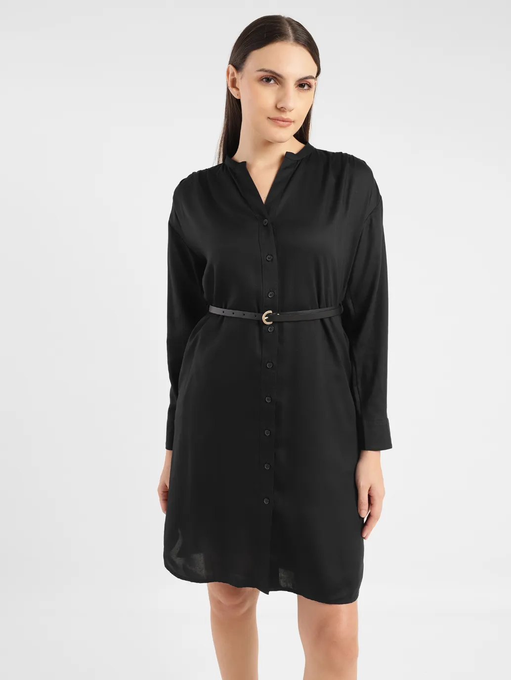 Women's Solid Black Band Neck Dress - Image 6