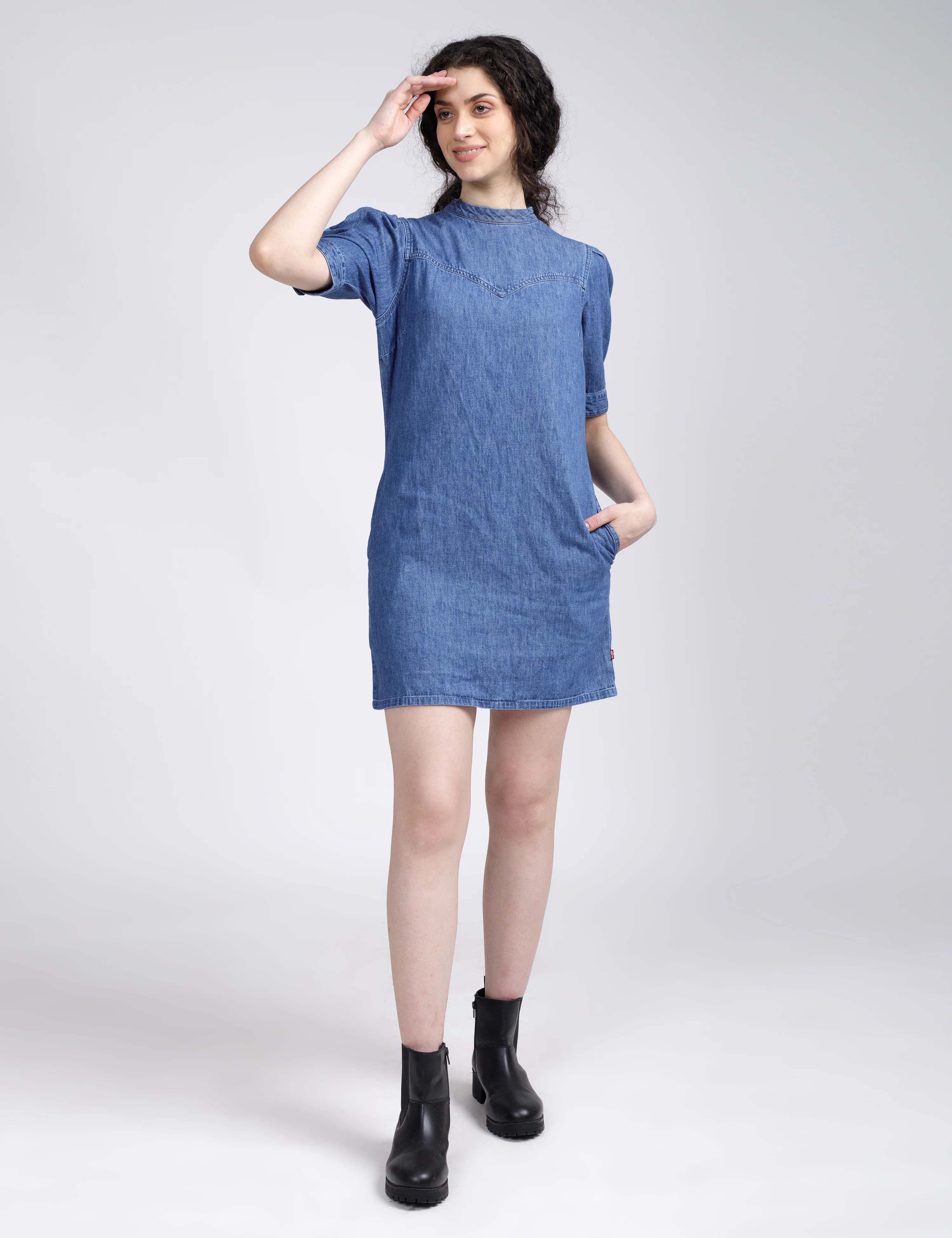 Women's Solid Blue Collar Neck Denim Dress